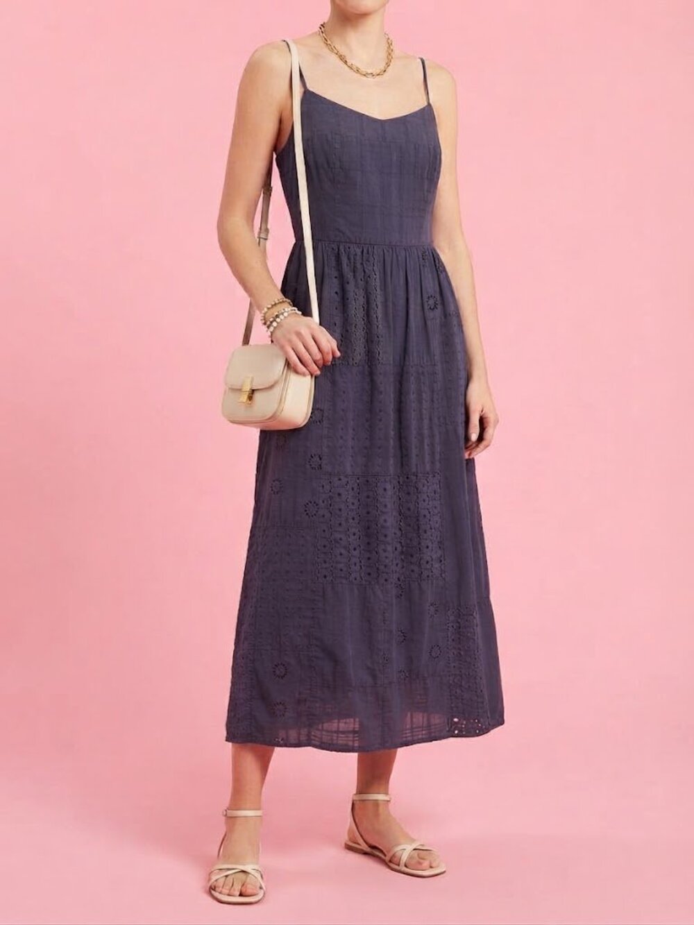 Zara Navy Coastal Eyelet Patchwork Maxi Sundress
